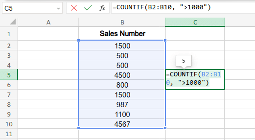 Example of COUNTIF (numerical logic) Function