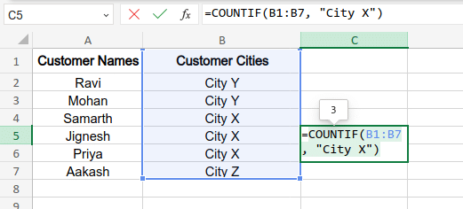 Example of COUNTIF (text) Function