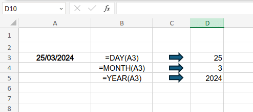 Example of DAY, MONTH and YEAR Function