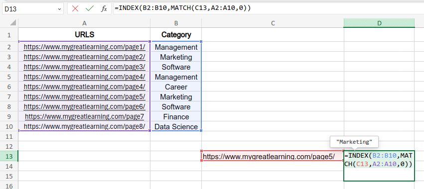 Example of INDEX and MATCH Function