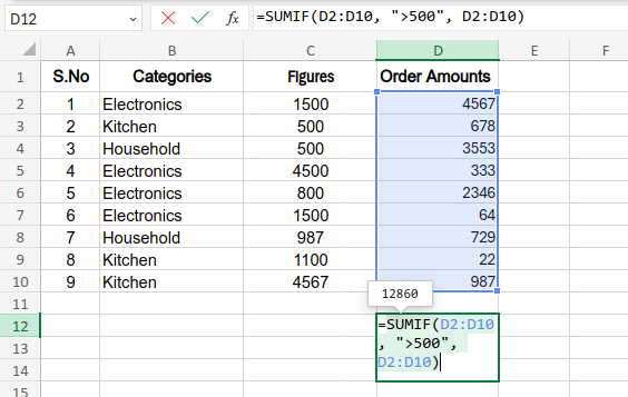 Example of SUMIF (numerical conition) Function