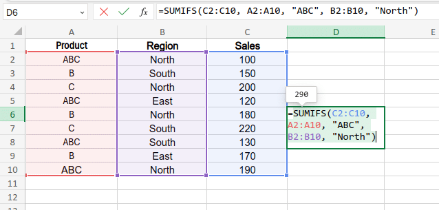 Example of SUMIFS Function