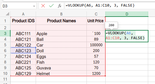 Example of VLOOKUP Function