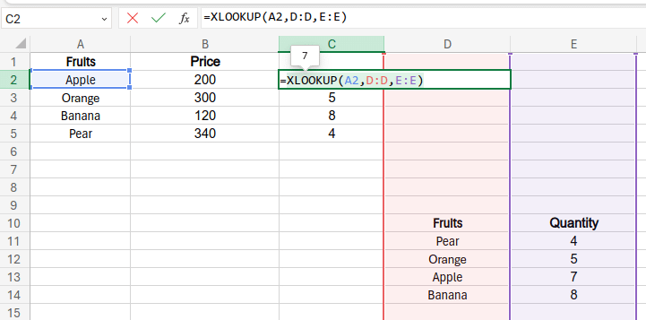 Example of XLOOKUP Function